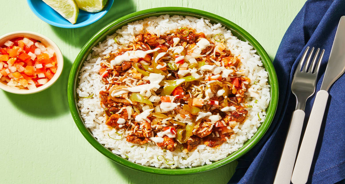 Tex-Mex Chicken Enchilada Bowls with Chicken Thighs, Zesty Rice, Pico de Gallo & Spiced Crema