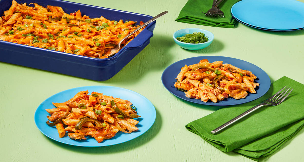 Cheesy Chicken Enchilada Pasta Bake with Fajita-Spiced Bell Pepper & Onion