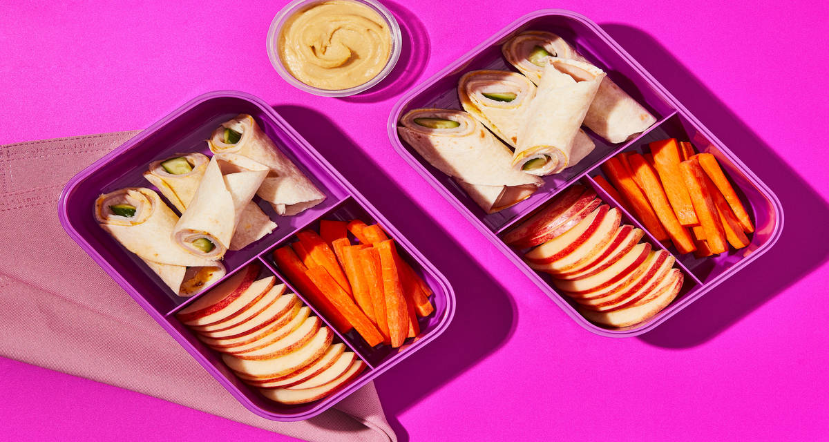 Kids’ Honey Mustard Turkey Roll-Ups with Carrot Sticks, Hummus & Apple Slices