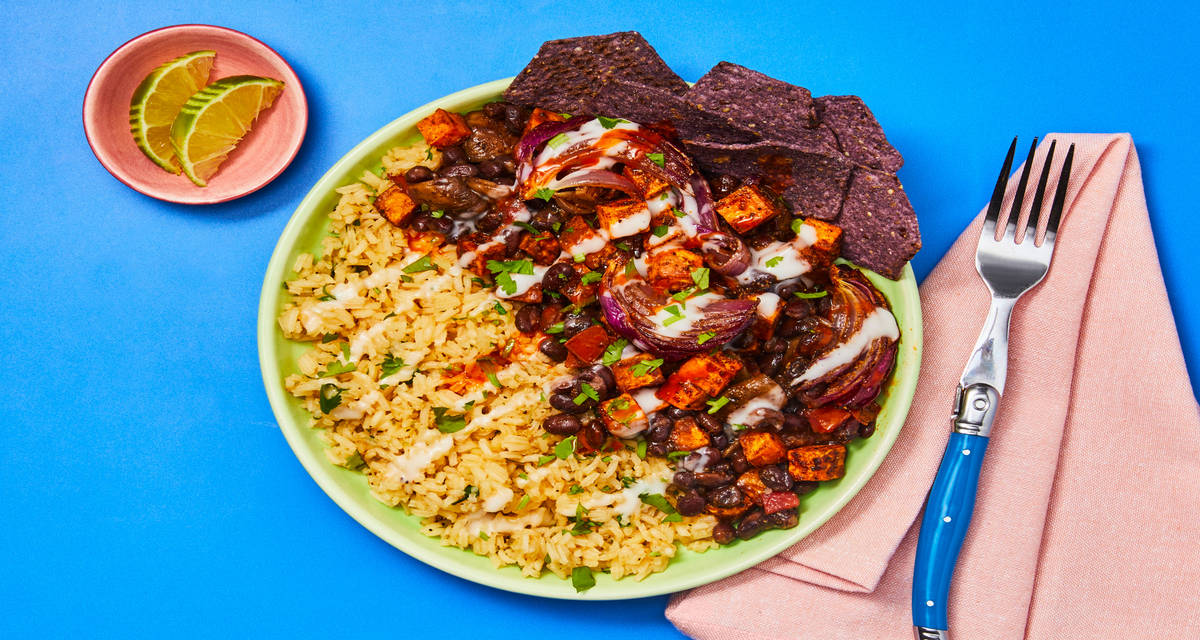 Bavette Steak with Sweet Potato Jumble with Black Beans, Cilantro Lime Rice, Vegan Crema & Tortilla Chips