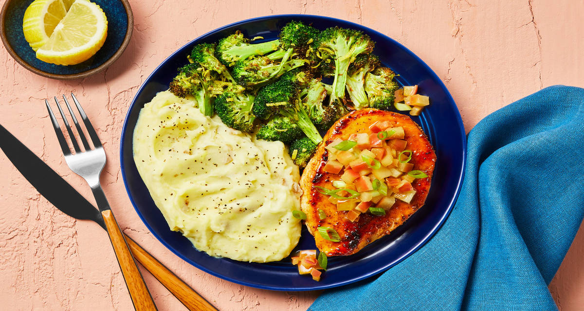 Brown Sugar Bourbon Chicken with Garlic Mashed Potatoes & Broccoli