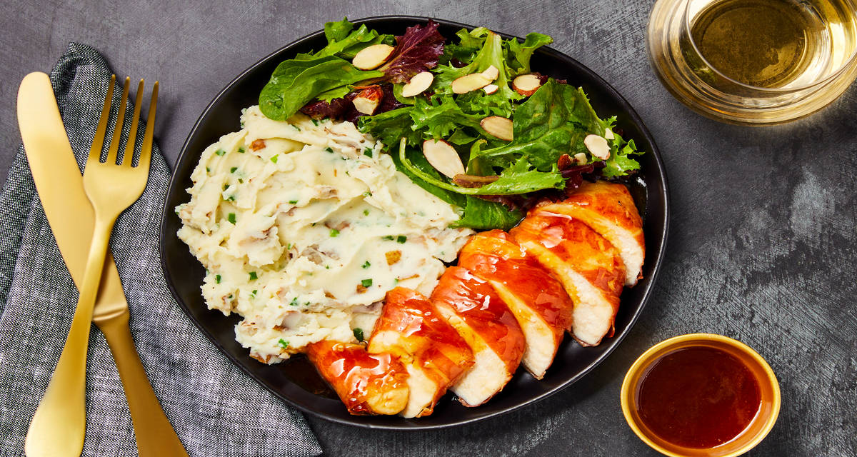 Prosciutto-Wrapped Apricot Chicken with Chive Mashed Potatoes & Bistro Green Salad