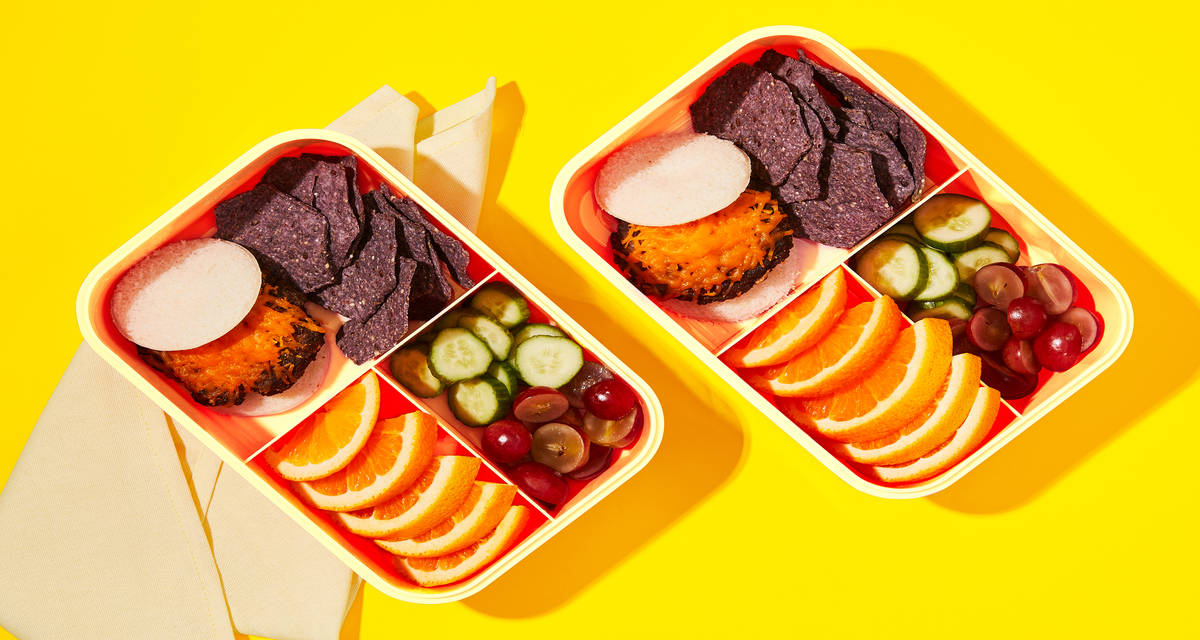 Kids’ Lunch Cheddar Beef Sliders with Tortilla Chips, Cucumber Rounds, Orange Slices & Grapes