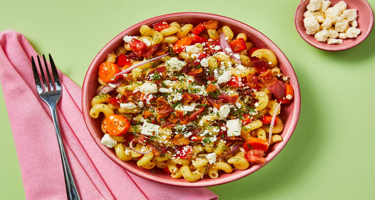 Dilly Bacon Pasta Salad with Bell Pepper, Tomato, Feta & Italian Dressing