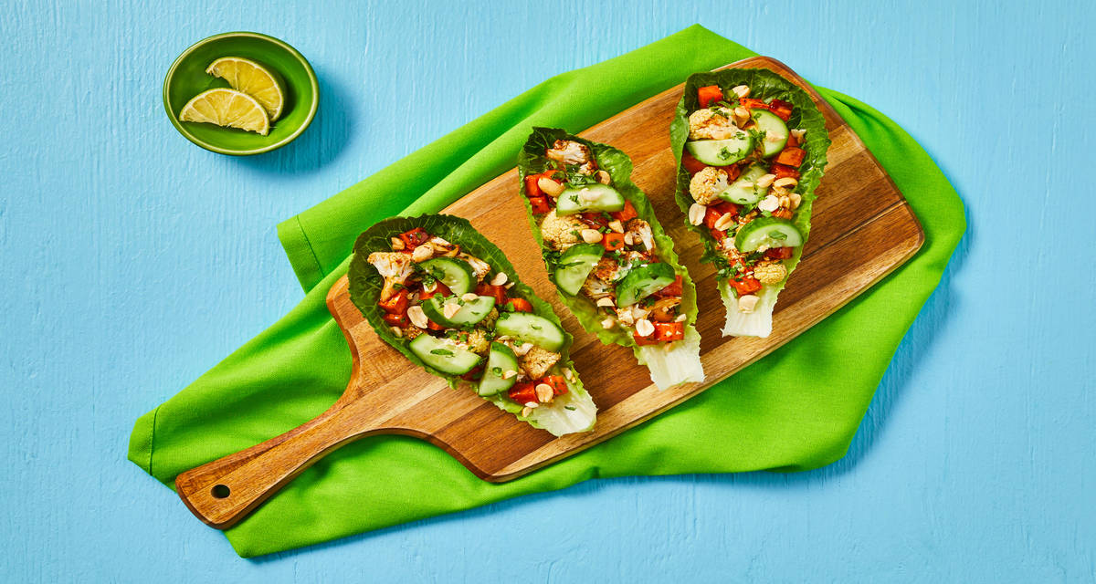 Chicken, Sweet Potato & Cauli Lettuce Wraps with Cucumber, Cilantro & Peanuts