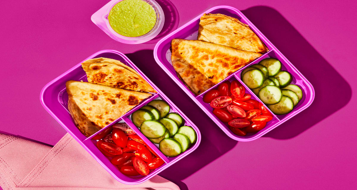 Kids’ Corny Cheesy Quesadillas with Guac Dipper, Cuke Wheels & Grape Tomatoes-image
