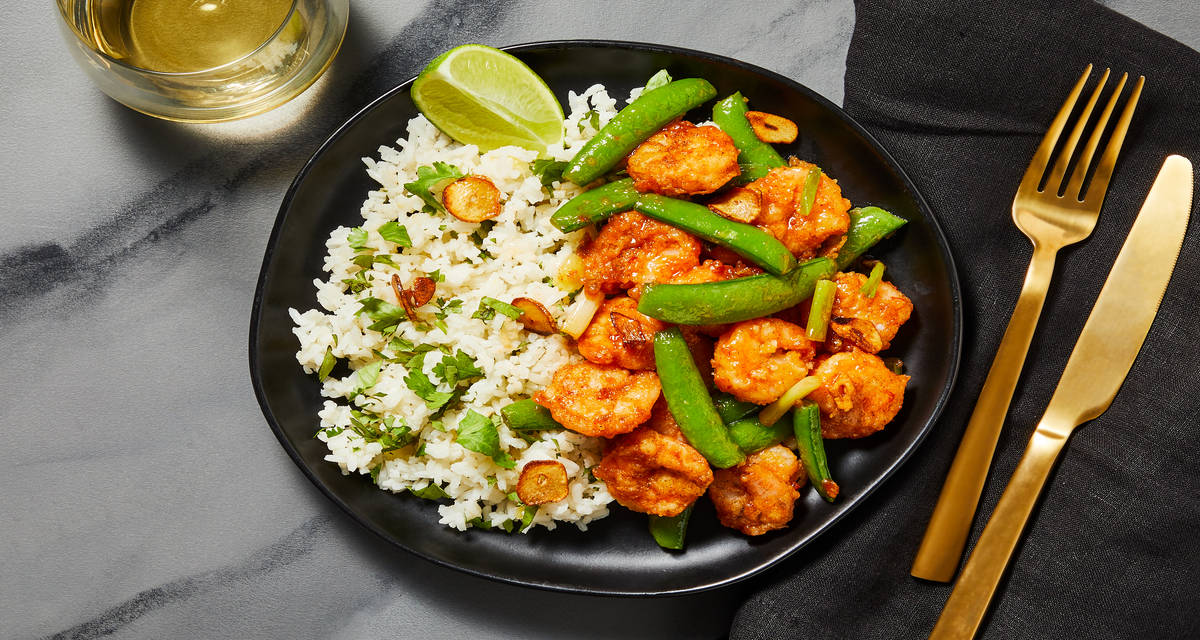 Big Island Garlic Butter Shrimp with Pineapple-Cilantro Rice & Snap Peas