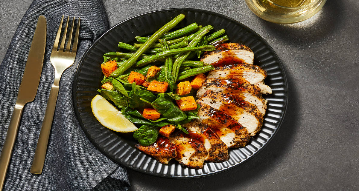Apricot Chicken with Warm Spinach Salad plus Butternut Squash, Maple Dijon Dressing & Green Beans