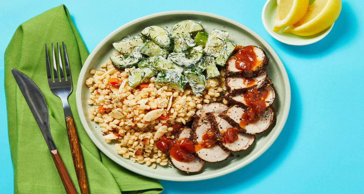 Za’atar Roasted Chicken with Saucy Tomato, Carrot Couscous & Cucumber Salad