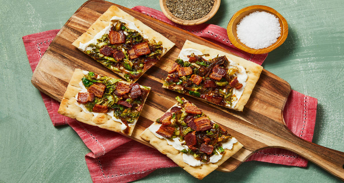 Crispy Brussels Sprout & Bacon Flatbreads with Balsamic Glazed Onion & Rosemary