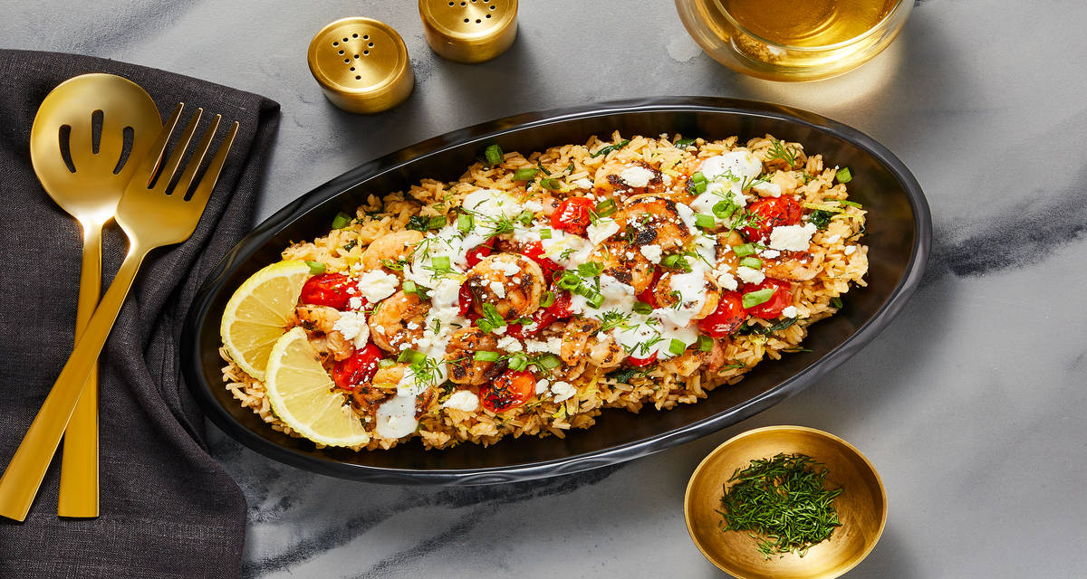Greek Shrimp Over Lemony Spinach Rice with Blistered Tomatoes, Feta, Dill & Garlic Yogurt Sauce