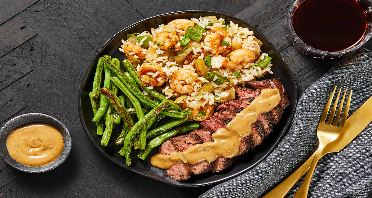 Cajun-Spiced Steak with Shrimp Dirty Rice plus Roasted Green Beans & Dijon Pan Sauce