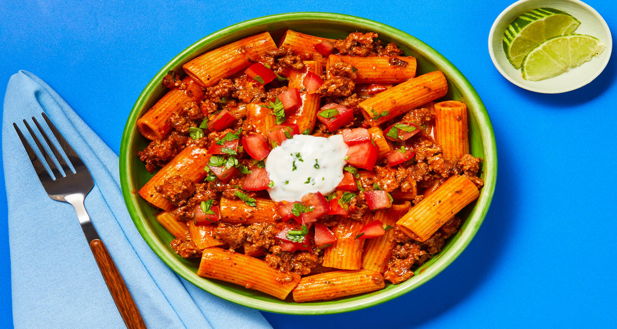 Spicy Beef Taco Rigatoni with Tomato Salsa & Lime Crema