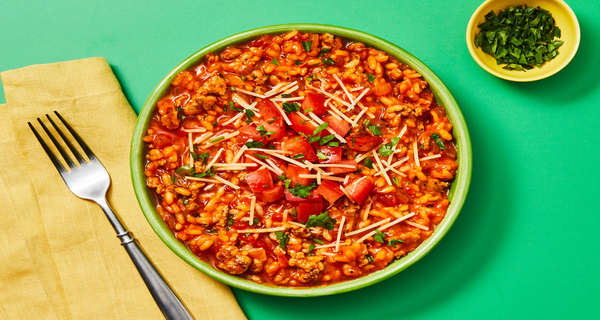 Creamy Tomato & Chicken Sausage Risotto with Marinated Tomato & Parmesan