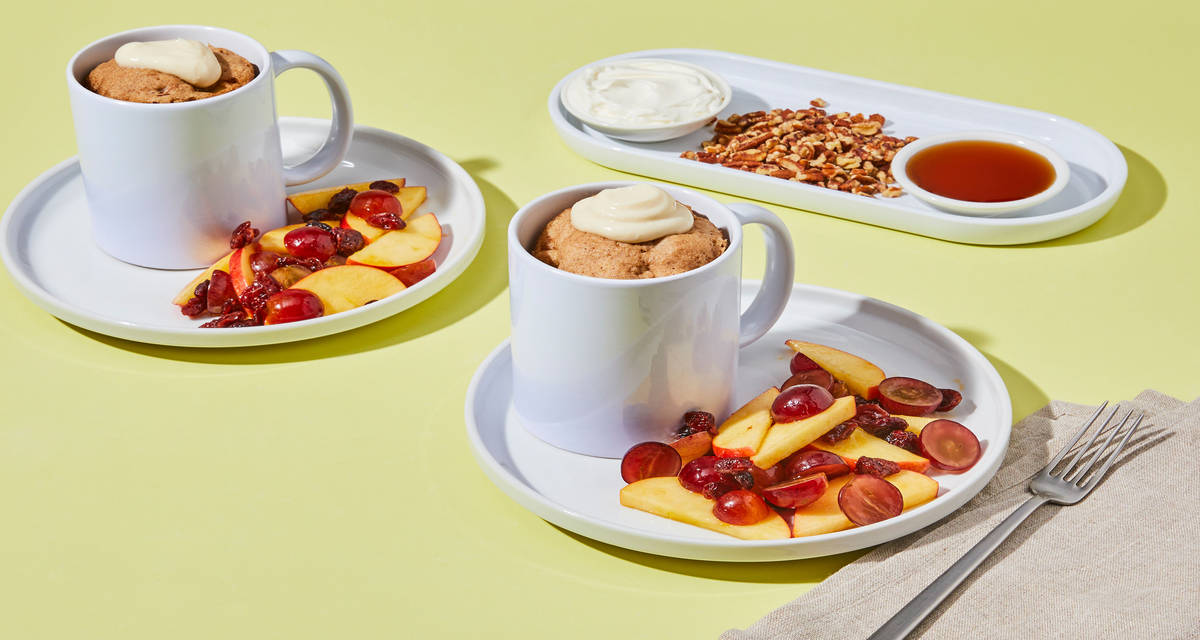 Apple-Pecan Mug Muffins with Maple Cream Cheese Frosting & Fruit Salad