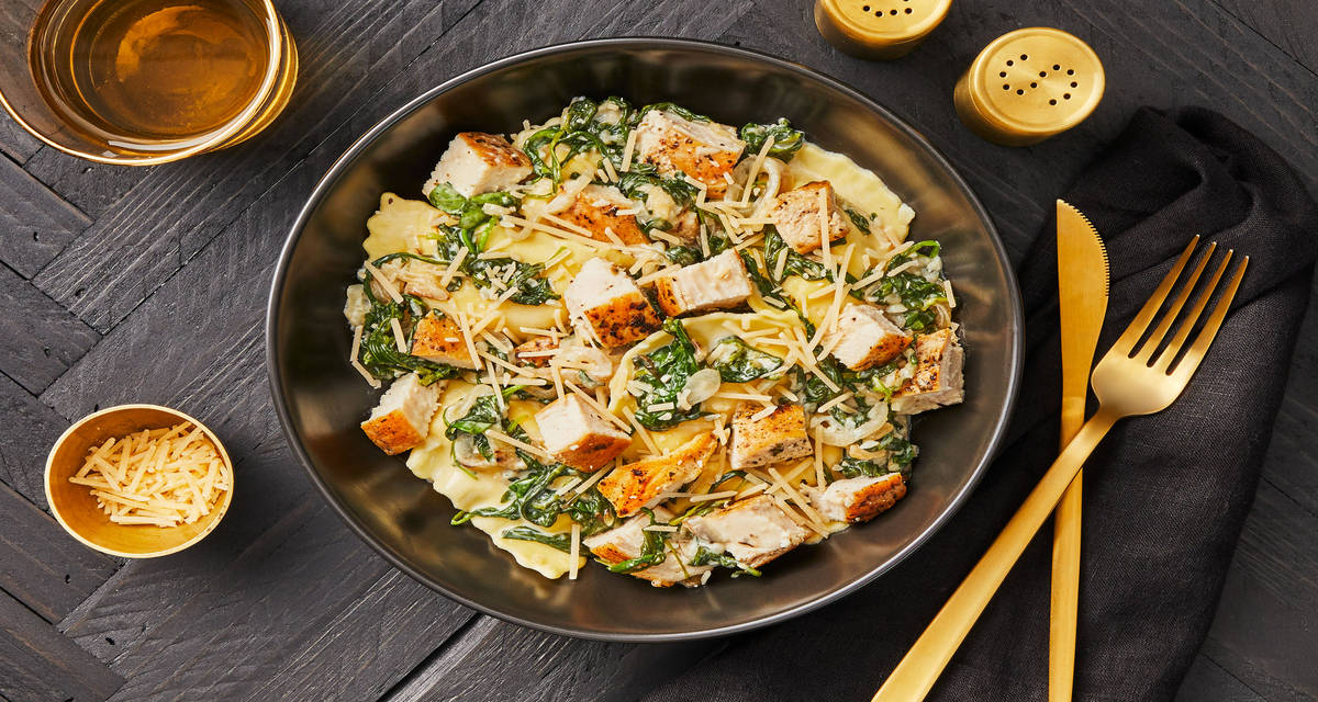 Squash Agnolotti with Herbed Chicken in a Creamy Spinach & Shallot Sauce