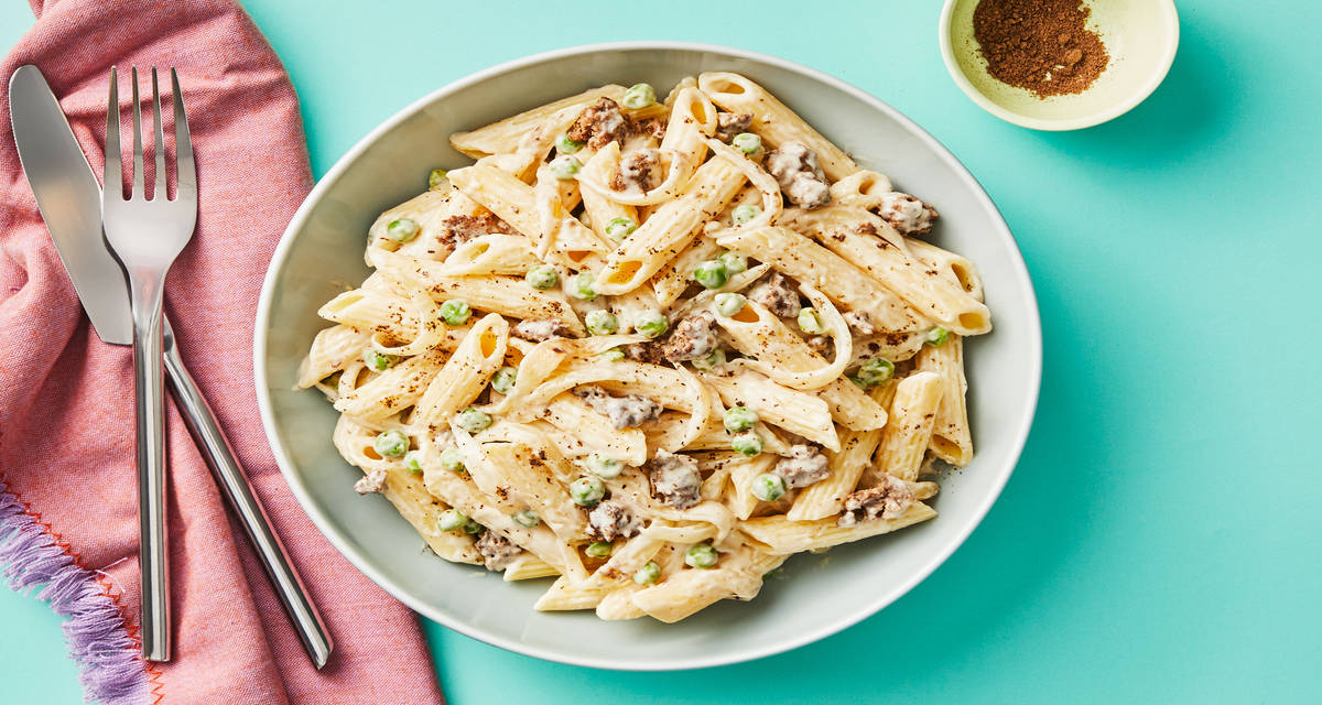 Creamy Truffle Penne with Beef plus Onion & Peas