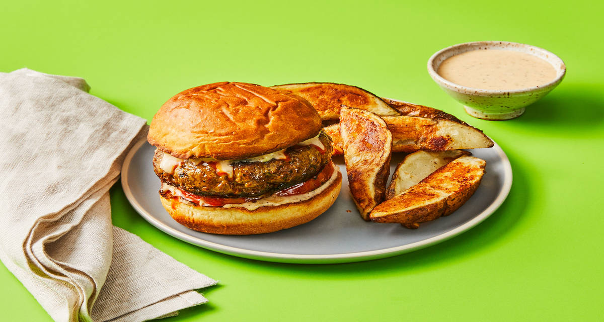 Street Cart-Style Burgers with Shawarma Mayo, Potato Wedges & Hot Sauce