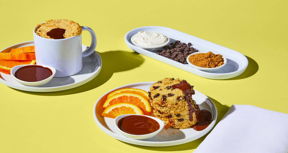 Brown Sugar Chocolate Chip Mug Muffins with Orange Slices & Chocolate Ganache