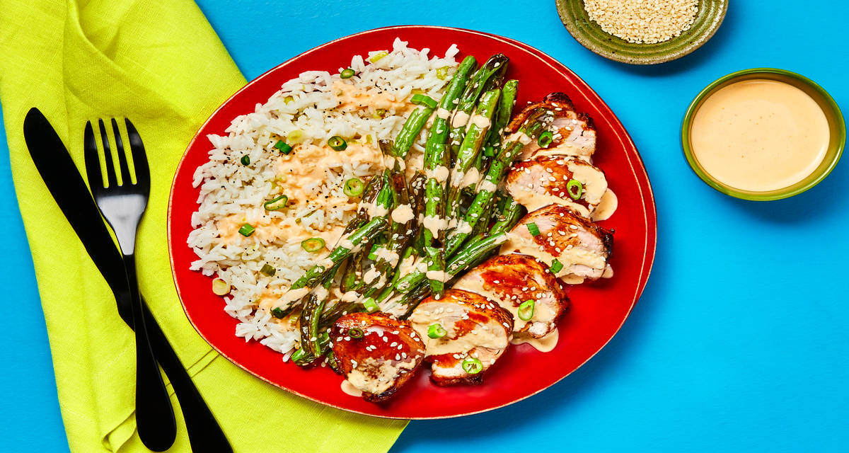 Hoisin-Glazed Chicken with Scallion Rice, Ponzu Roasted Green Beans & Sriracha Mayo