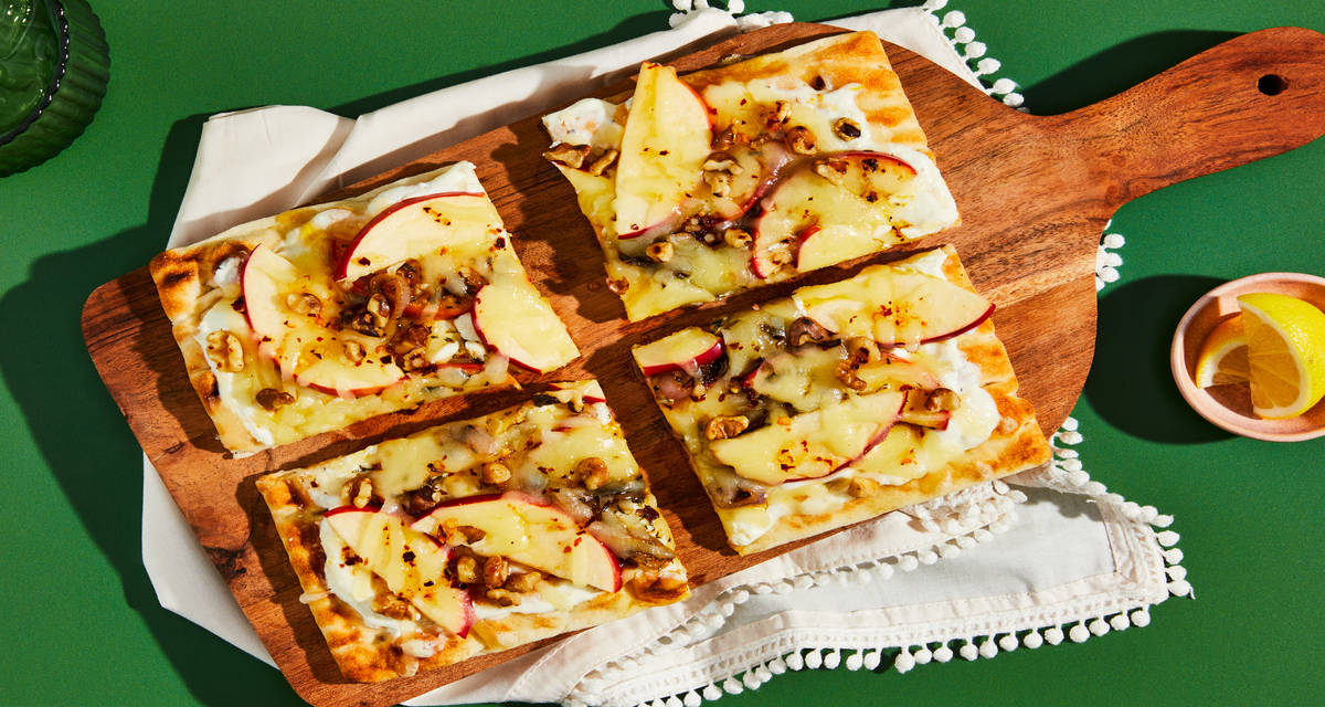 Apple & Cheddar Flatbreads with Hot Honey & Orange-Miso Sweet Potatoes
