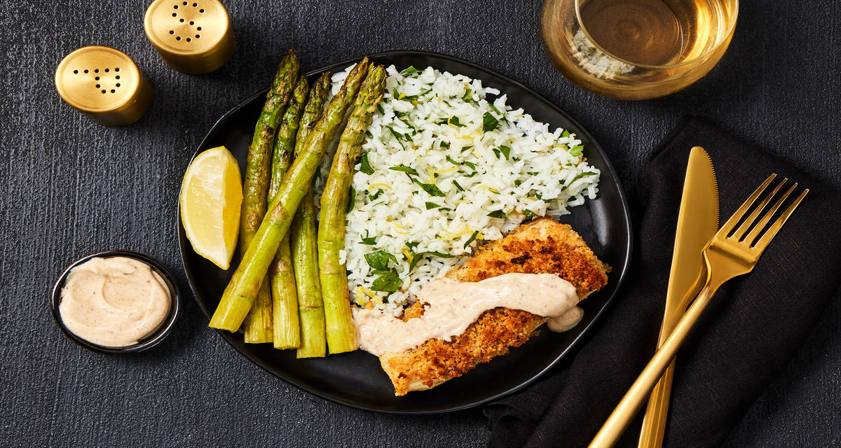Old Bay Panko-Crusted Cobia with Roasted Asparagus & Lemon Parsley Rice