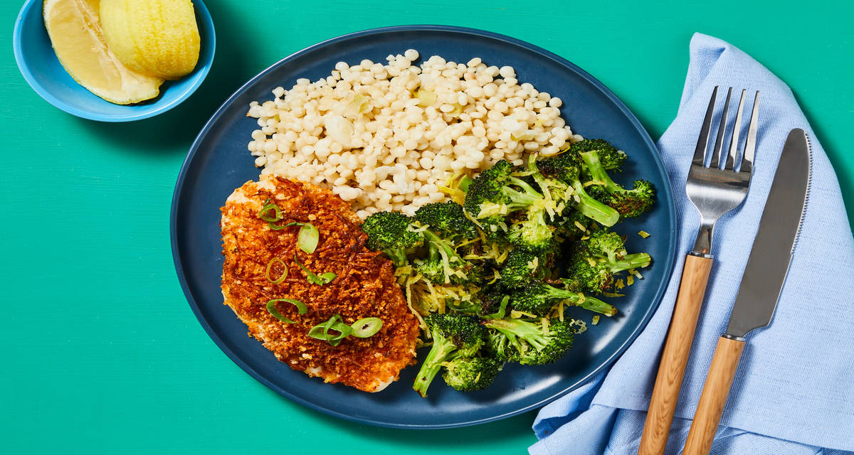 Crispy Parmesan Chicken with Garlic Scallion Couscous & Lemony Roasted Asparagus
