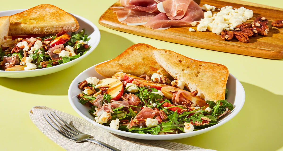 Prosciutto & Apple Arugula Salad with Feta, Pecans, Balsamic Glaze & Olive Oil Toasts