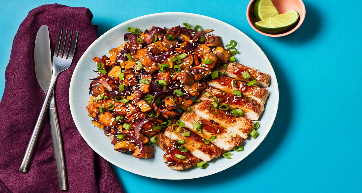 Sweet Chili-Lime Glazed Chicken with Sweet Potato-Carrot Jumble, Sesame Seeds & Lime