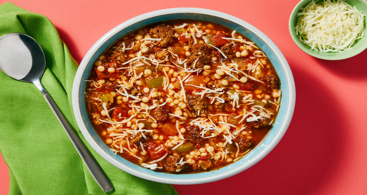 Beefy Italian Stuffed Pepper Soup with Couscous & Mozzarella