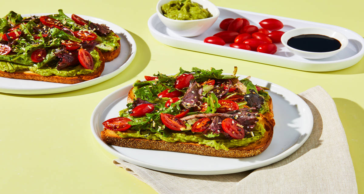Everything Bagel Avocado Toasts with Balsamic Mixed Greens & Grape Tomatoes