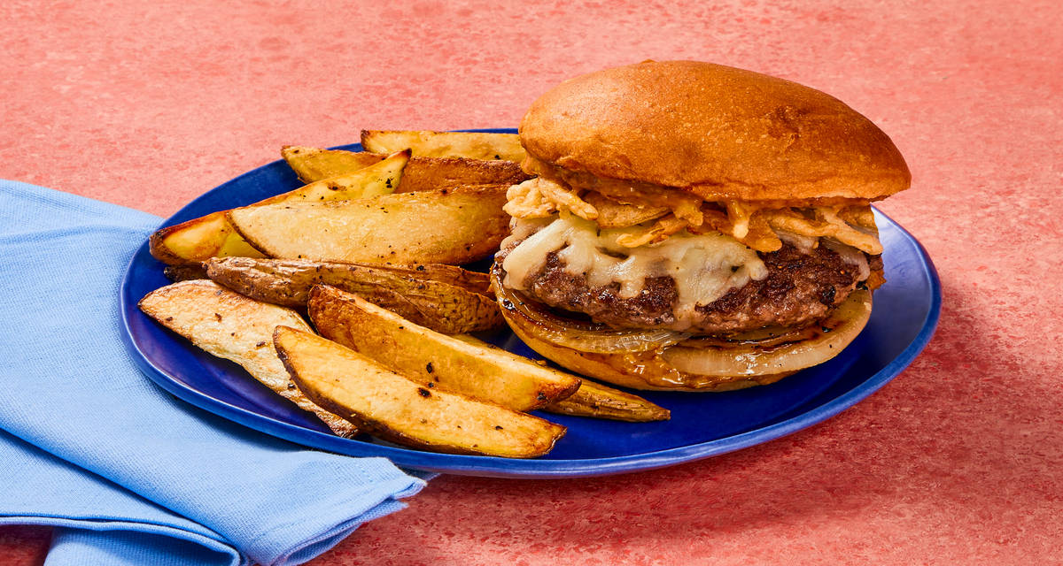 White Cheddar Crunch Burgers with Griddled Onions, Roasted Potato Wedges & Smoky Mustard