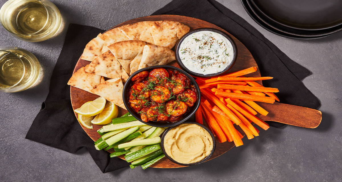 Herby Shrimp Mezze Board with Hummus plus Tzatziki, Crunchy Veggies & Toasted Pita Wedges