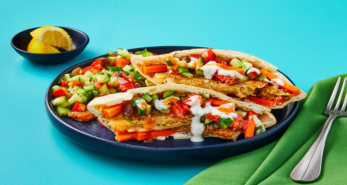 Za’atar-Spiced Grilling Cheese Pitas with Pickled Carrots, Tomato-Cuke Salad & Creamy Dill Sauce