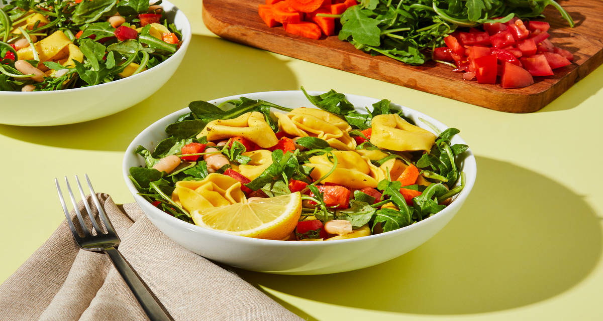 Tangy Tortelloni & White Bean Salad with Arugula, Tomato & Lemon Dressing