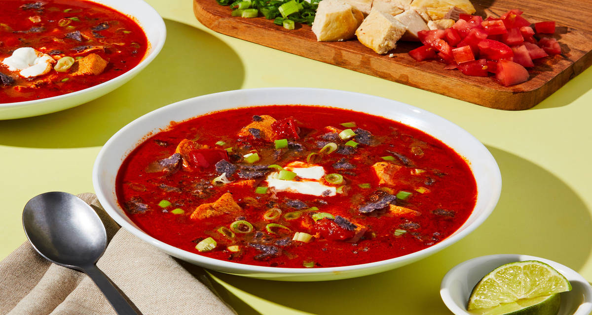 Spicy Tex-Mex Chicken Soup with Crushed Tortilla Chips & Sour Cream