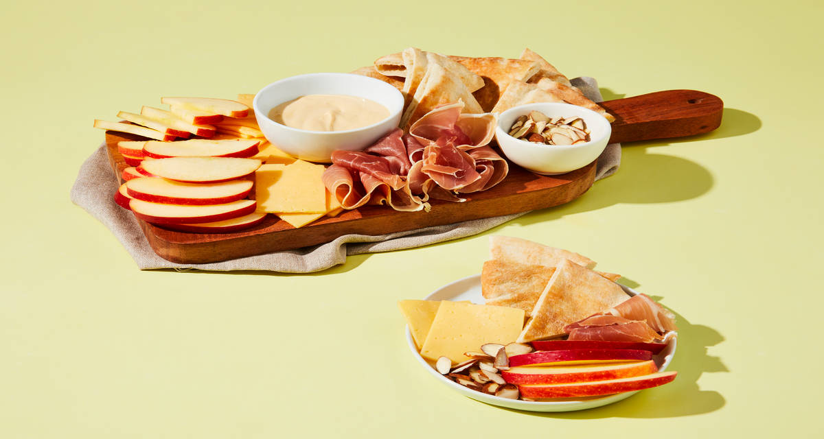 Breakfast Snack Board with Prosciutto plus Gouda, Apple, Pita Wedges & Creamy Apricot Spread   | 2–4 servings