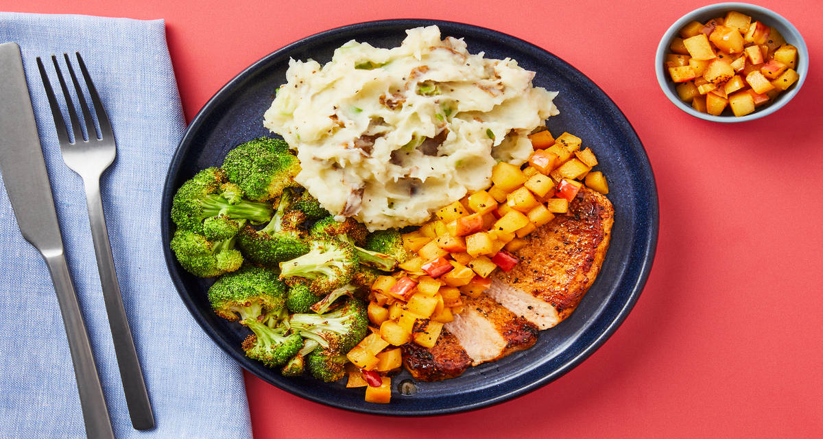 Brown Sugar Bourbon Chicken with Apple Pan Sauce, Scallion Mashed Potatoes & Broccoli
