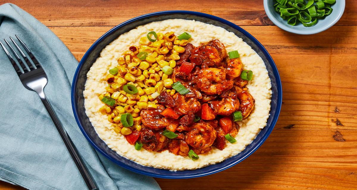 Southern-Style Bacony Shrimp over Grits with Charred Corn & Scallions