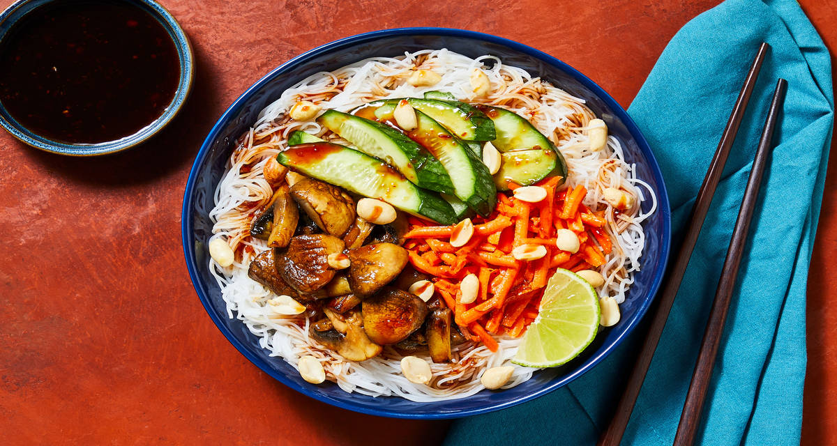 Vegan Sweet Chili Soy Noodle Salad with Miso Mushrooms, Pickled Carrots, Cucumber & Peanuts