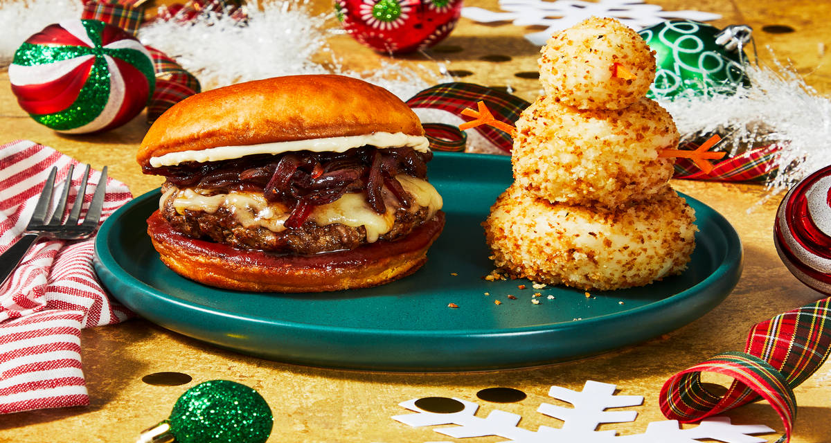 Gimbels’ Santa Cheeseburgers with Caramelized Onion, Garlic Mayo & Cheesy Potato Snowballs