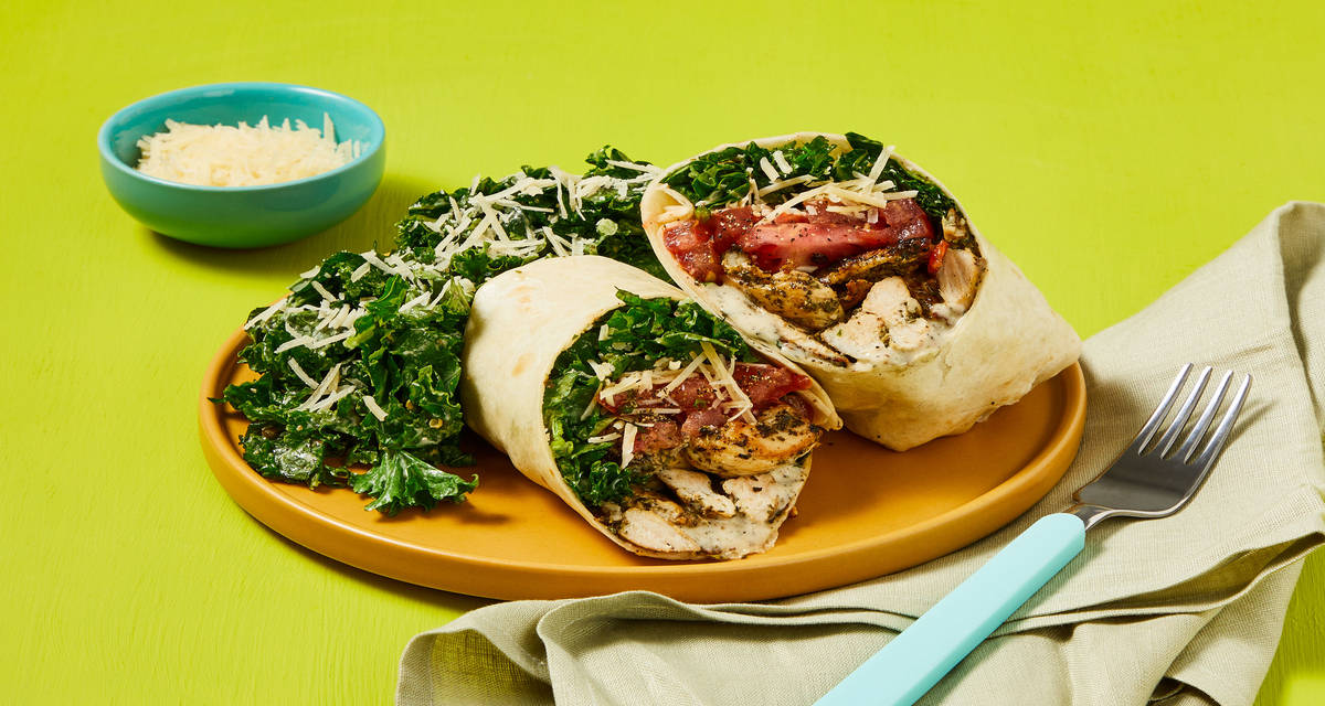 One-Pan Chicken Kale Caesar Wraps with Parmesan & Tomato
