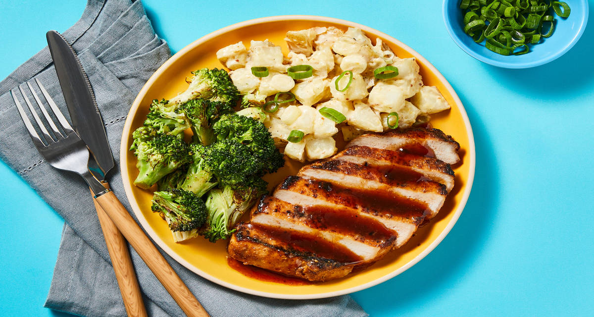 Honey Butter–Glazed Pork Chops with Smoky Potato Salad & Roasted Broccoli