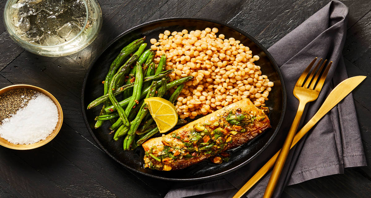 Open Blue® Cobia with Pistachio Gremolata  with Couscous & Garlic Roasted Green Beans