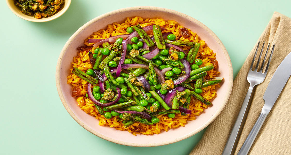 Chicken, Asparagus & Golden Rice Bowls  with Peas, Red Onion & Pistachio-Parsley Chimichurri