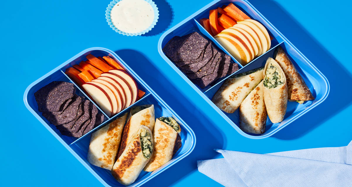 Kids’ Cheesy Spinach Roll-Ups with Ranch Dipper, Carrot Sticks, Apple Slices & Tortilla Chips