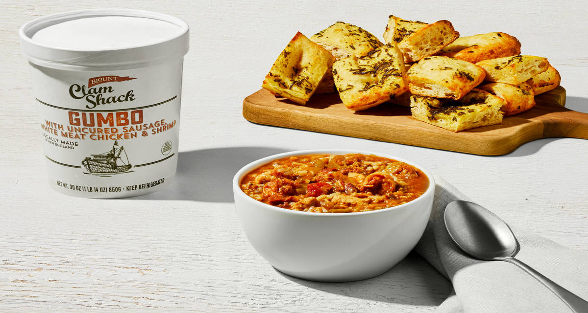 Gumbo + Focaccia 30 oz of a souper combo.