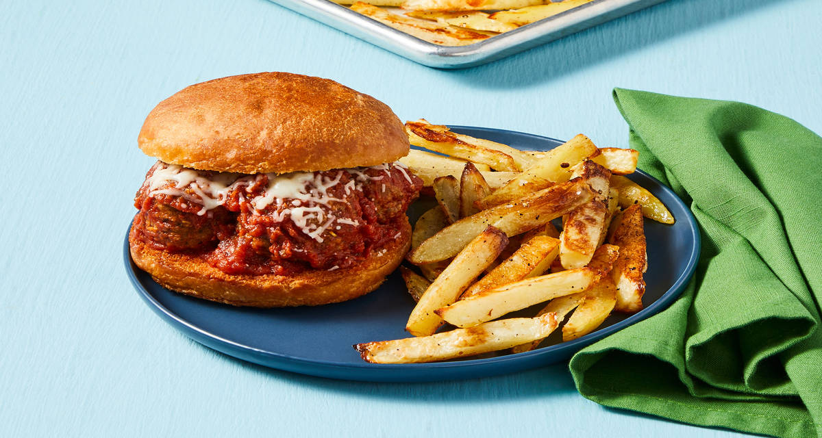 Pizza Parlor Organic Beef Meatball Sandos with Garlic Butter Buns & Oven Fries