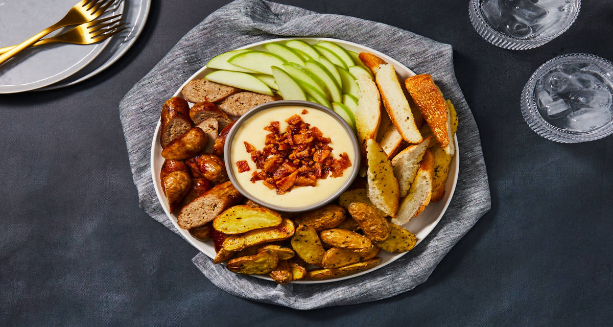 Porktacular Bacon Fondue Brunch Platter with Maple Sausage, Roasted Potatoes & Garlic Toasts