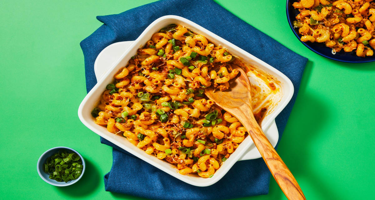 Tex-Mex Plant-Based Protein Pasta Bake with Mexican Cheese Blend, Monterey Jack & Scallions